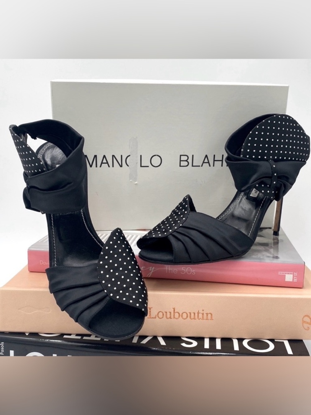 Manolo Blahnik • Black Polka Dot Bow Satin Peep Toe Stiletto Heels “Bimba Pois”
